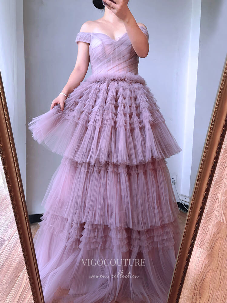 vigocouture-Off the Shoulder Prom Dresses Tiered Formal Dresses 21271-Prom Dresses-vigocouture-Pink-US2-