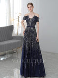 vigocouture-Off the Shoulder Prom Gown A-line Plunging V-Neck Prom Dresses 20149-Prom Dresses-vigocouture-Navy Blue-US2-