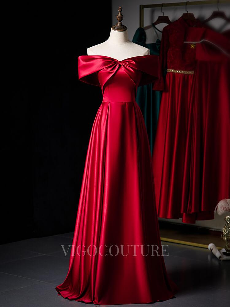 vigocouture-Off the Shoulder Red Prom Dress 2022 Satin Prom Gown-Prom Dresses-vigocouture-Red-US2-