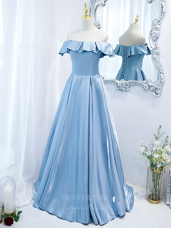 vigocouture-Off the Shoulder Satin A-Line Prom Dress 20867-Prom Dresses-vigocouture-Blue-Custom Size-
