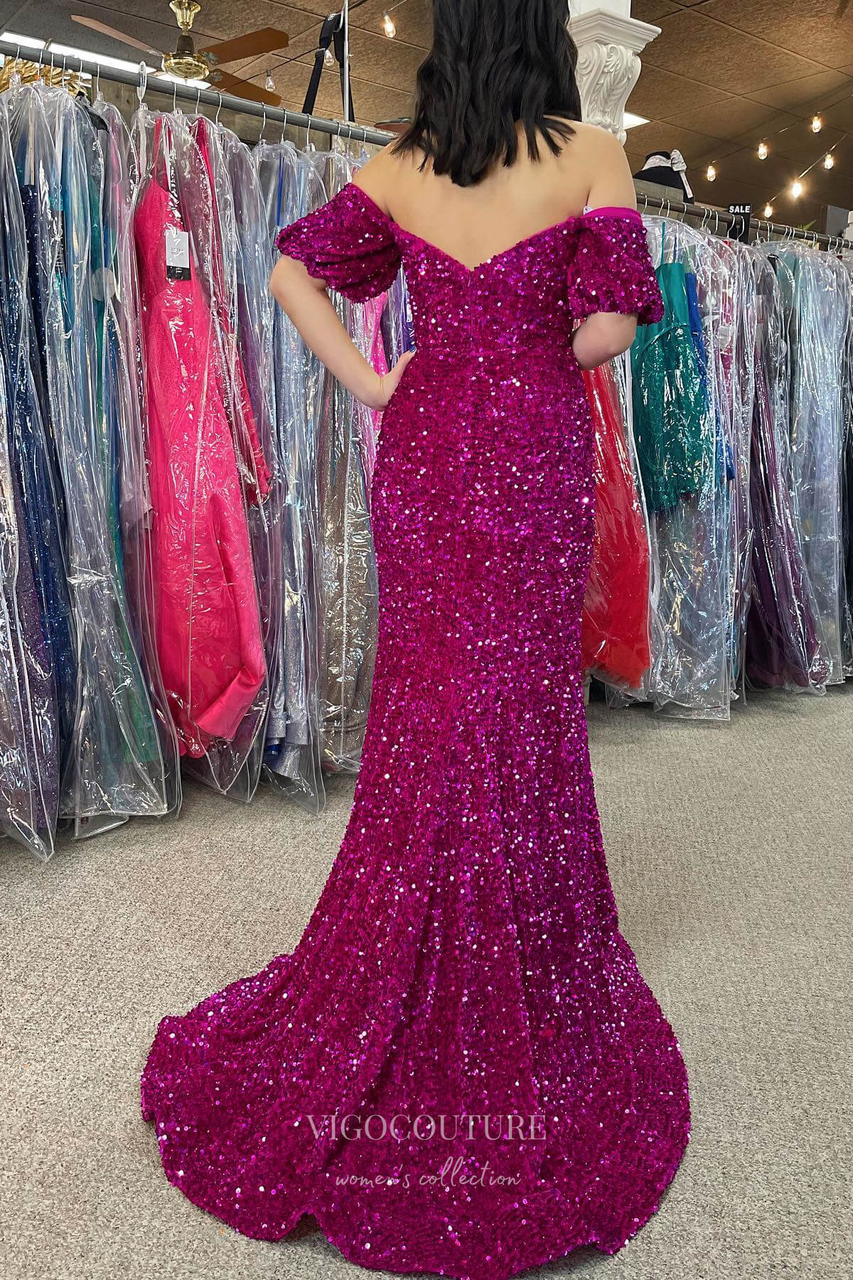 Off the Shoulder Sequin Prom Dresses with Slit Mermaid Evening Dress 21797-Prom Dresses-vigocouture-Burgundy-US2-vigocouture