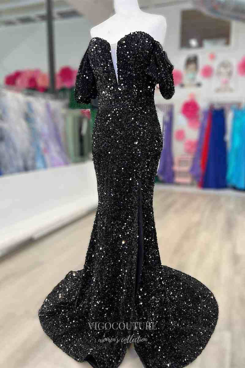 Burgundy Off the Shoulder Sequin Prom Dresses with Slit Mermaid Evening Dress 21797-Prom Dresses-vigocouture-Black-US2-vigocouture