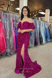 Off the Shoulder Sequin Prom Dresses with Slit Mermaid Evening Dress 21797-Prom Dresses-vigocouture-Magenta-US2-vigocouture