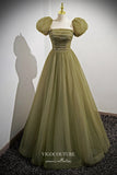 Olive Green Formal Dress Removable Puffed Sleeve Prom Dresses 21659