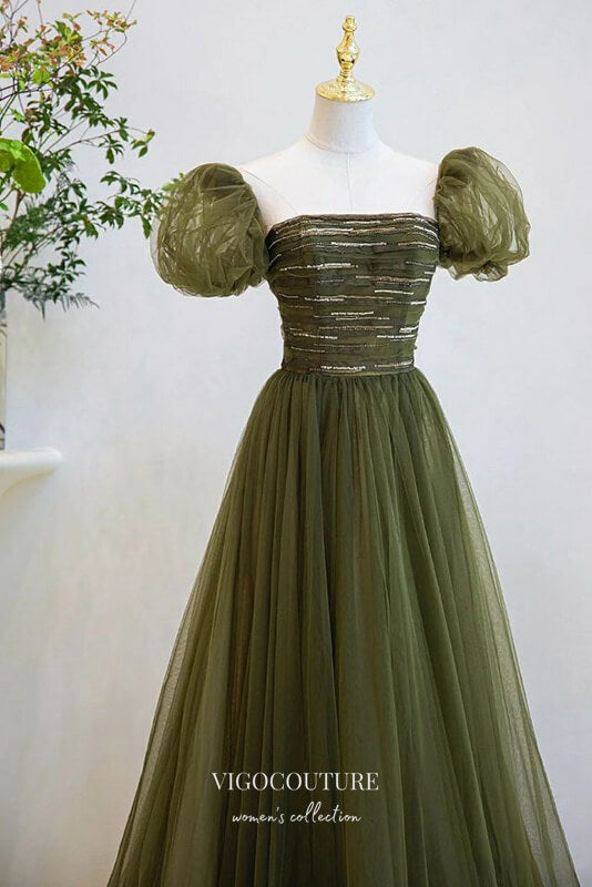 vigocouture-Olive Green Puffed Sleeve Formal Dress A-Line Tulle Prom Dresses 21639-Prom Dresses-vigocouture-