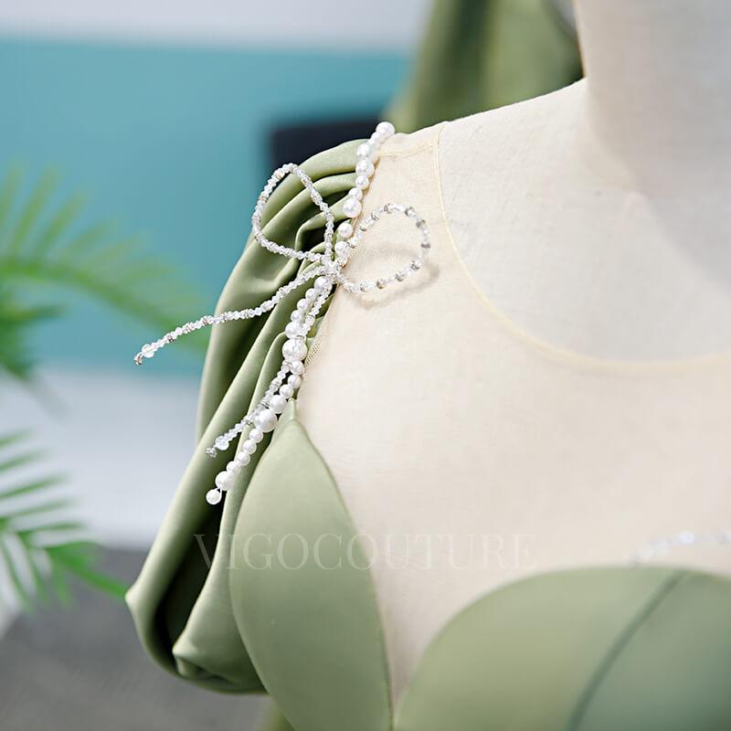 vigocouture-Olive Green Puffed Sleeve Prom Dress 20360-Prom Dresses-vigocouture-