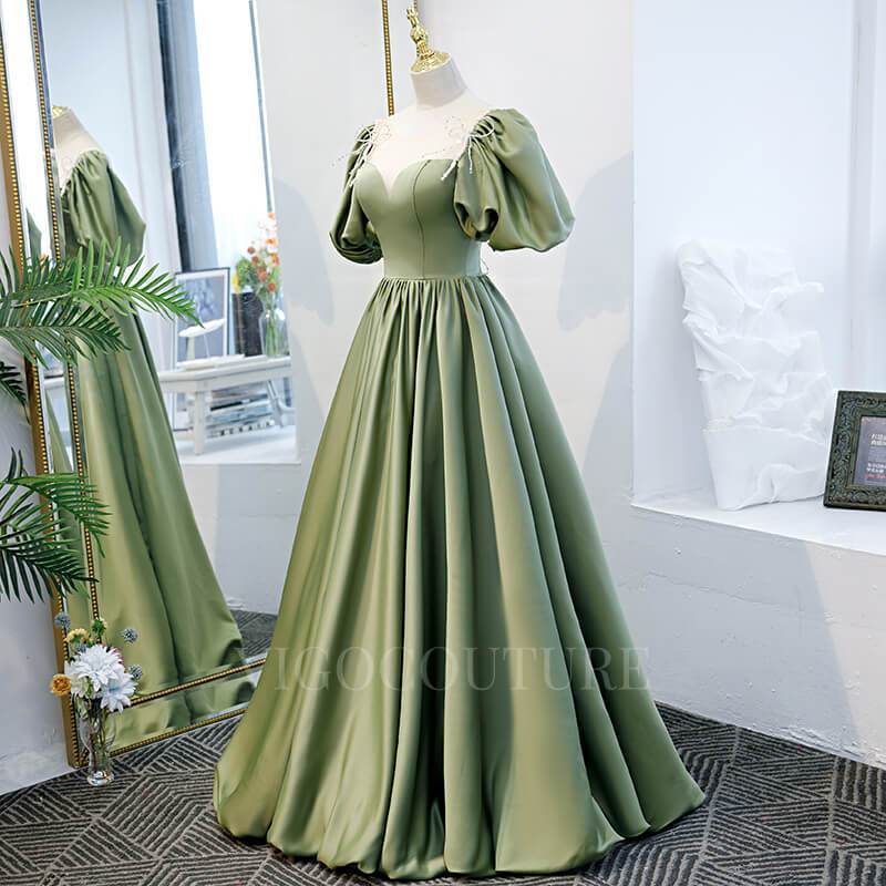 vigocouture-Olive Green Puffed Sleeve Prom Dress 20360-Prom Dresses-vigocouture-