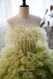 Olive Green Ruffled Tulle Strapless Prom Ball Gown with Feathers 22331-Prom Dresses-vigocouture-Olive-Custom Size-vigocouture