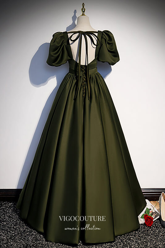 vigocouture-Olive Green Satin Formal Dress A-Line Square Neck Prom Dresses 21645-Prom Dresses-vigocouture-