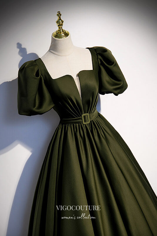 vigocouture-Olive Green Satin Formal Dress A-Line Square Neck Prom Dresses 21645-Prom Dresses-vigocouture-