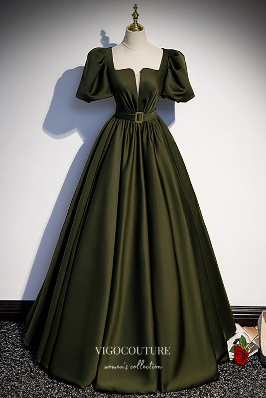Olive Green Satin Formal Dress A-Line Square Neck Prom Dresses