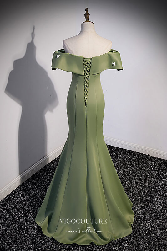 vigocouture-Olive Green Satin Formal Dress Mermaid Off the Shoulder Prom Dresses 21642-Prom Dresses-vigocouture-