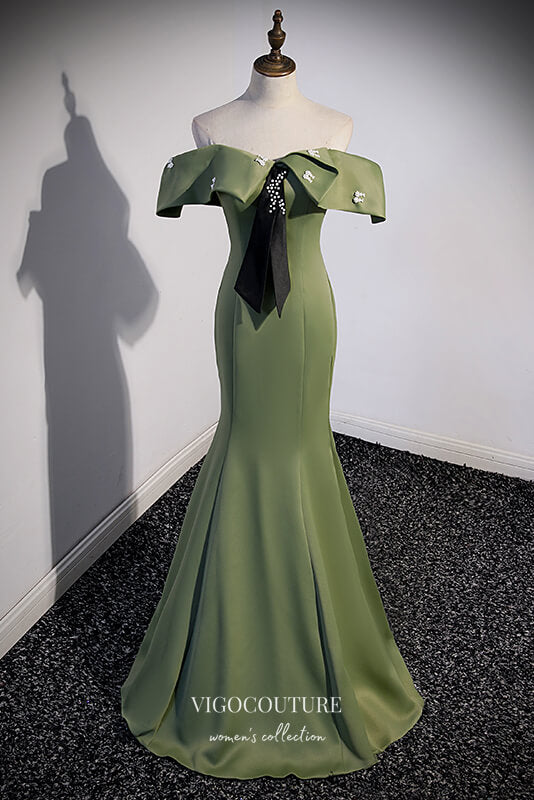 vigocouture-Olive Green Satin Formal Dress Mermaid Off the Shoulder Prom Dresses 21642-Prom Dresses-vigocouture-Green-US2-