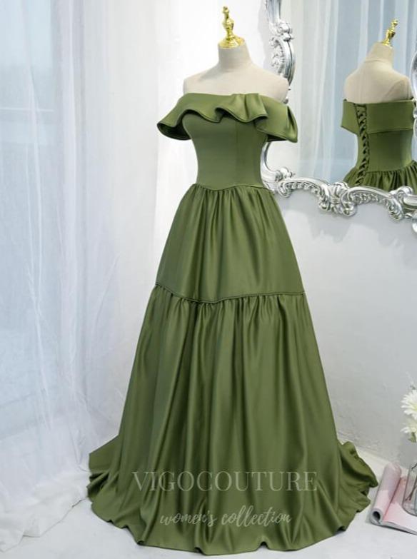 vigocouture-Olive Tiered Prom Dress 2022 Off the Shoulder Party Dress 20524-Prom Dresses-vigocouture-Olive-US2-