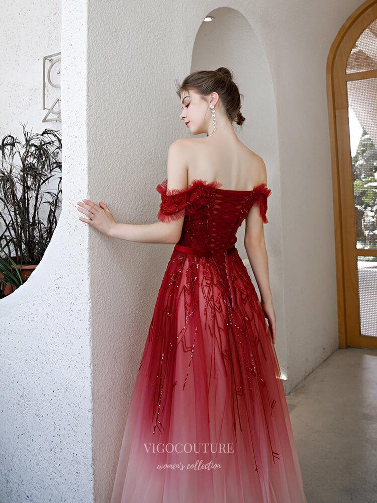 vigocouture-Ombre Beaded Off the Shoulder Prom Dress 20237-Prom Dresses-vigocouture-
