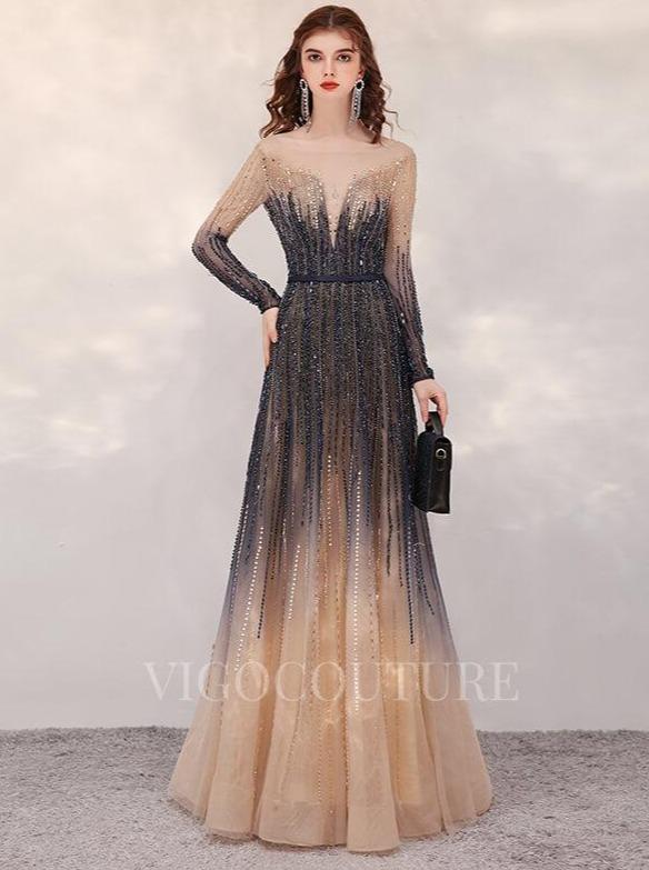 vigocouture-Ombre Long Sleeve Evening Dresses A-line Beaded Prom Dresses 20087-Prom Dresses-vigocouture-As Pictured-US2-