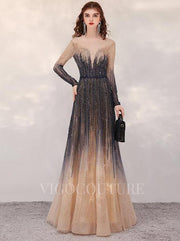 Ombre Long Sleeve Evening Dresses A-line Beaded Prom Dresses 20087