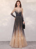 vigocouture-Ombre Long Sleeve Evening Dresses A-line Beaded Prom Dresses 20087-Prom Dresses-vigocouture-As Pictured-US2-