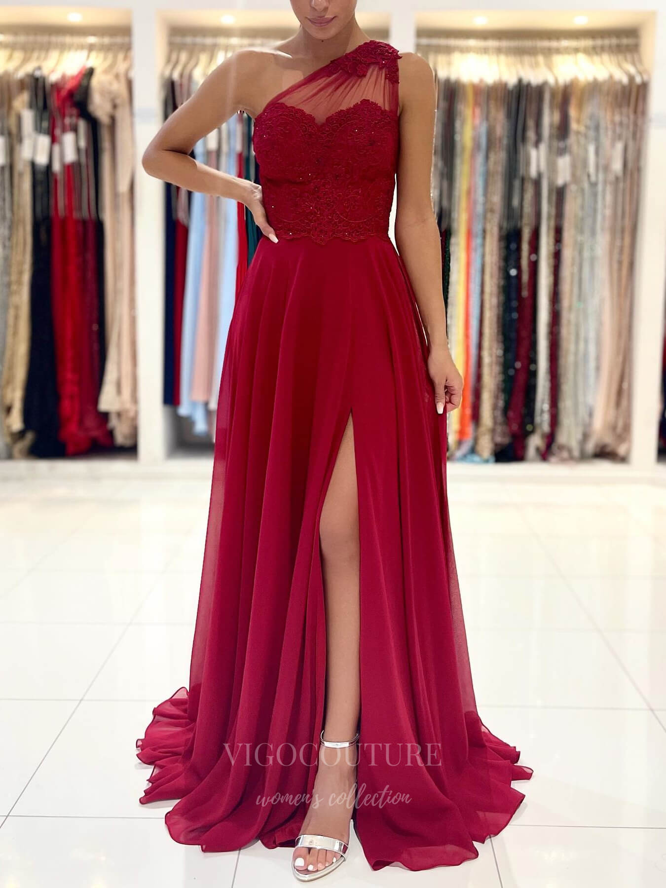 vigocouture-One Shoulder Chiffon Prom Dress 20831-Prom Dresses-vigocouture-Red-US2-