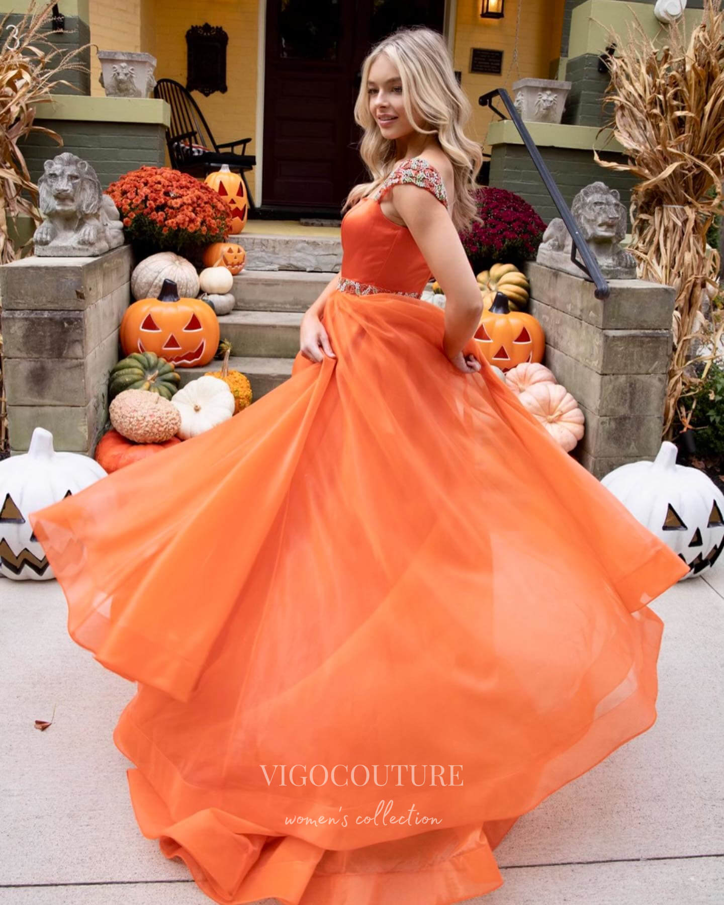 vigocouture-Orange Cap Sleeve Prom Dresses Organza A-Line Evening Dress 21792-Prom Dresses-vigocouture-