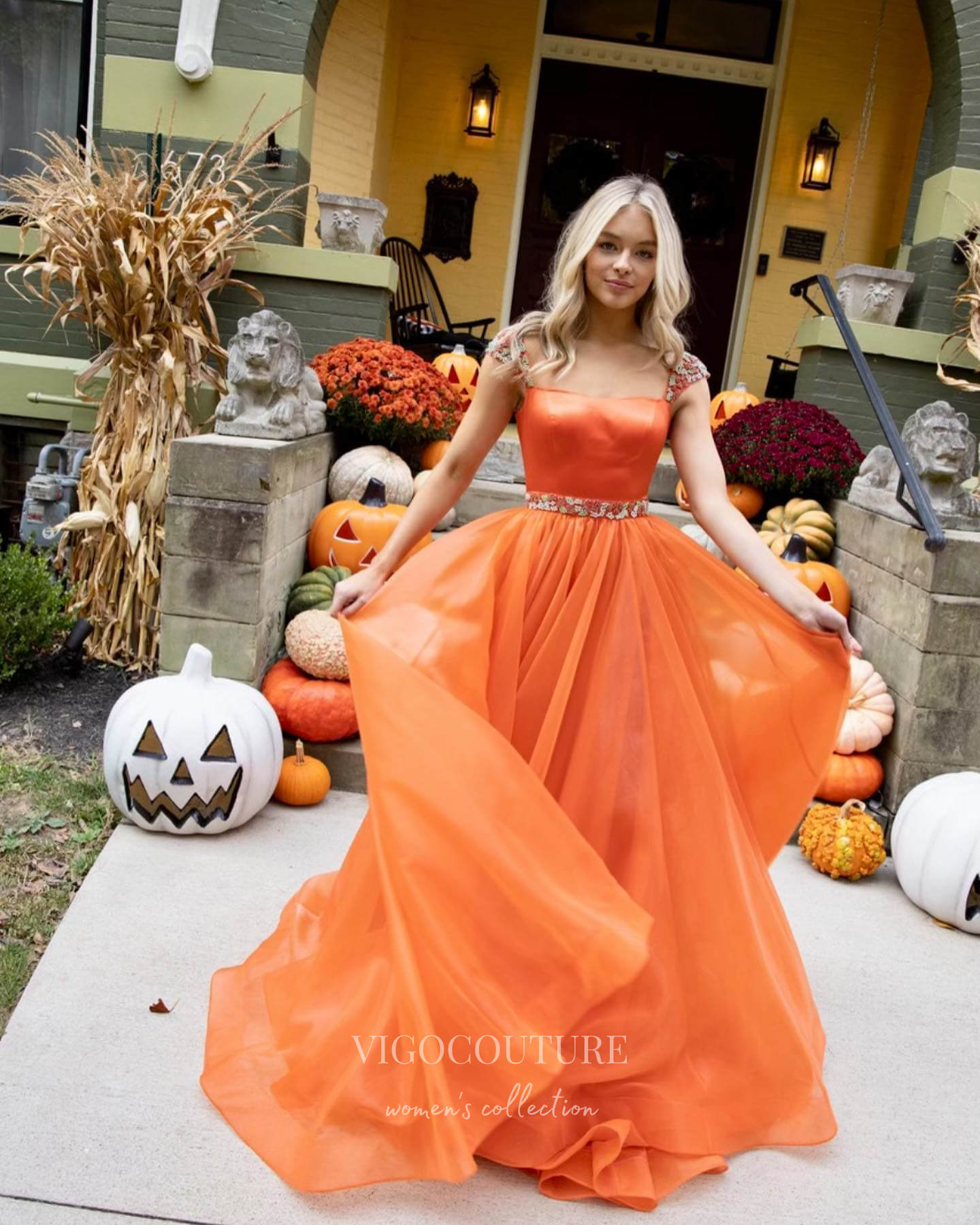 vigocouture-Orange Cap Sleeve Prom Dresses Organza A-Line Evening Dress 21792-Prom Dresses-vigocouture-Orange-US2-