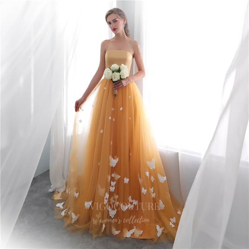 vigocouture-Orange Floral Strapless Prom Dress 20299-Prom Dresses-vigocouture-