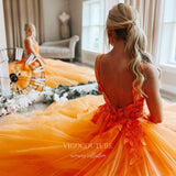 Orange Lace Applique Prom Dresses Spaghetti Strap V-Neck Evening Gown 21888-Prom Dresses-vigocouture-Orange-US2-vigocouture