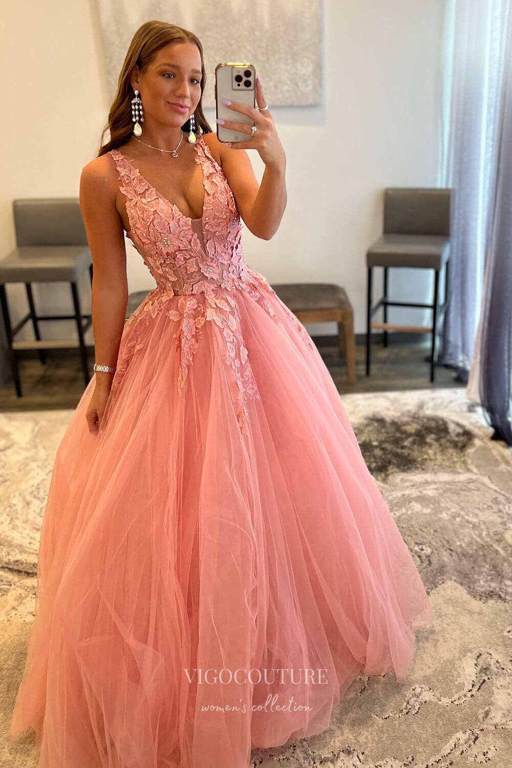 Orange Lace Applique Prom Dresses Pink Spaghetti Strap Plunging V-Neck Evening Gown 21888-Prom Dresses-vigocouture-Orange-US2-vigocouture