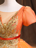 vigocouture-Orange Lace Applique Quinceanera Dresses Puffed Sleeve Sweet 15 Dresses 21379-Prom Dresses-vigocouture-