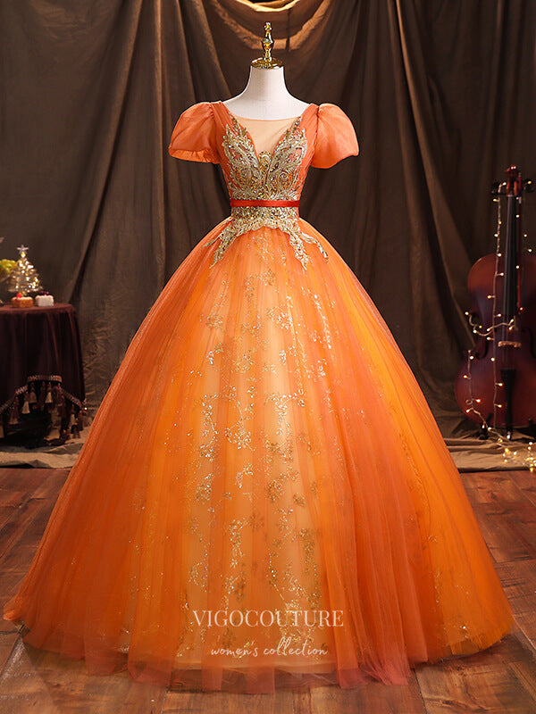 vigocouture-Orange Lace Applique Quinceanera Dresses Puffed Sleeve Sweet 15 Dresses 21379-Prom Dresses-vigocouture-Orange-Custom Size-