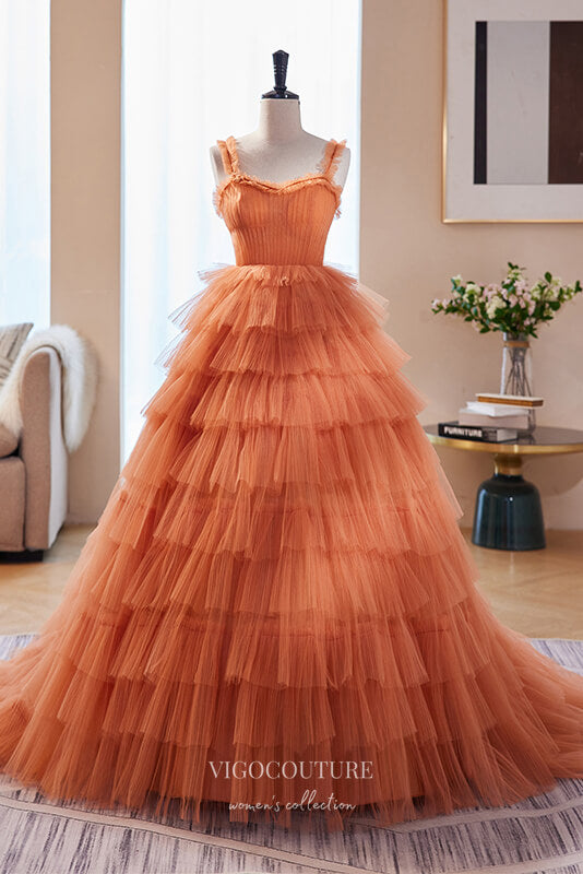 Orange Pleated Bodice Tulle Ball Gown - Removable Long Sleeves Included 22274-Prom Dresses-vigocouture-Orange-Custom Size-vigocouture