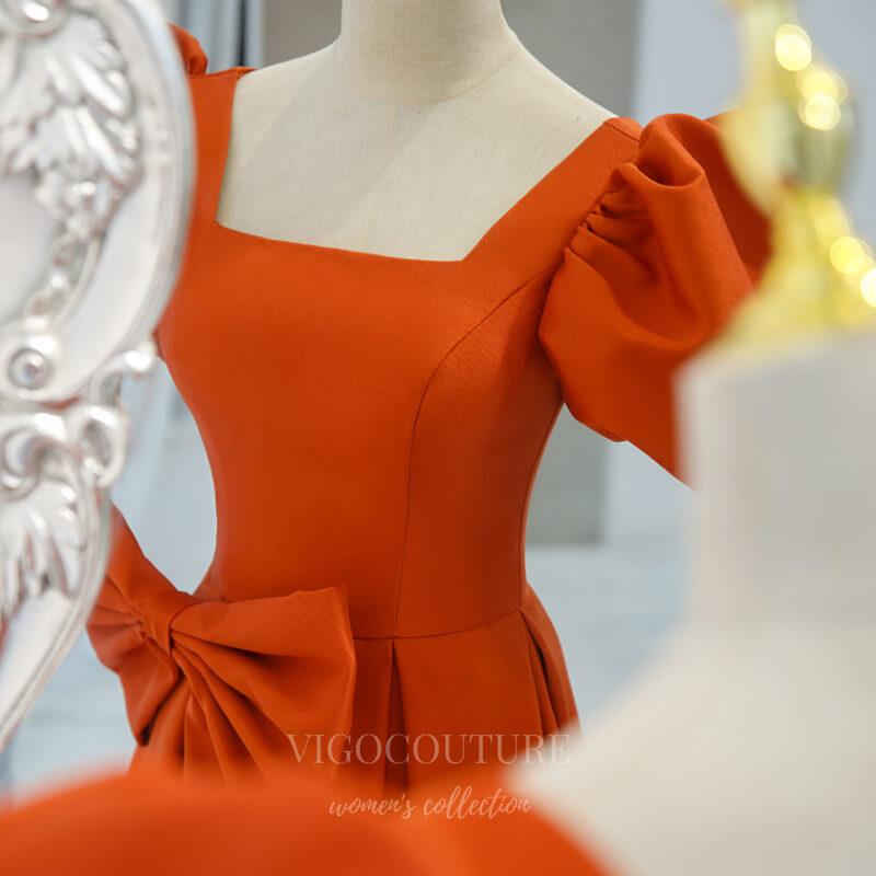 vigocouture-Orange Puffed Sleeve Prom Dresses Square Neck Party Dress 20519-Prom Dresses-vigocouture-