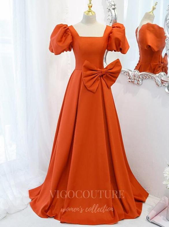 vigocouture-Orange Puffed Sleeve Prom Dresses Square Neck Party Dress 20519-Prom Dresses-vigocouture-Orange-US2-