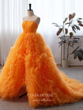 Orange Ruffled Tulle Prom Dress with Removable Sleeves and High Slit 22295-Prom Dresses-vigocouture-Orange-Custom Size-vigocouture