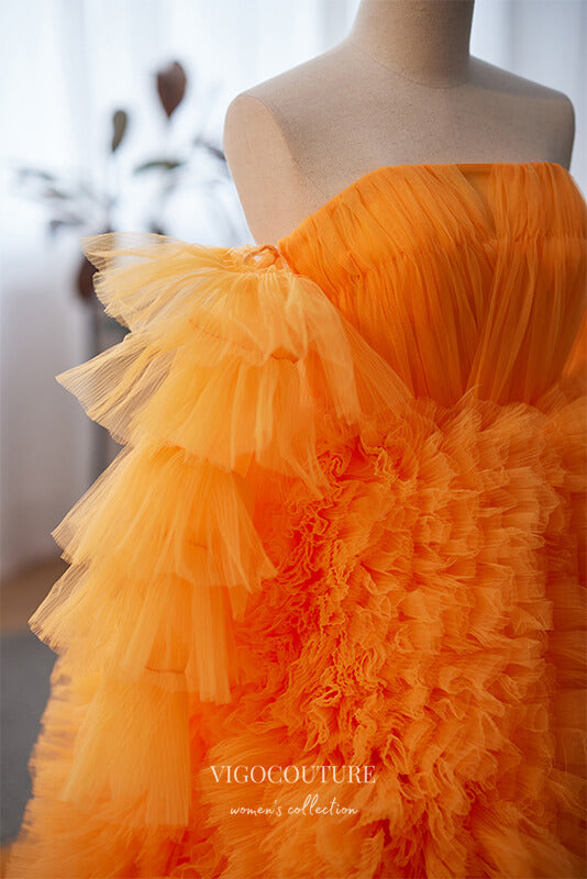 Orange Ruffled Tulle Prom Dress with Removable Sleeves and High Slit 22295-Prom Dresses-vigocouture-Orange-Custom Size-vigocouture