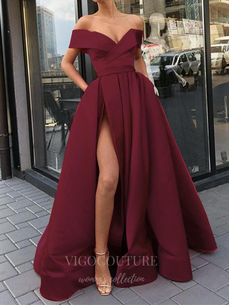 vigocouture-Satin Off the Shoulder A-Line Prom Dress 20621-Prom Dresses-vigocouture-Burgundy-US2-