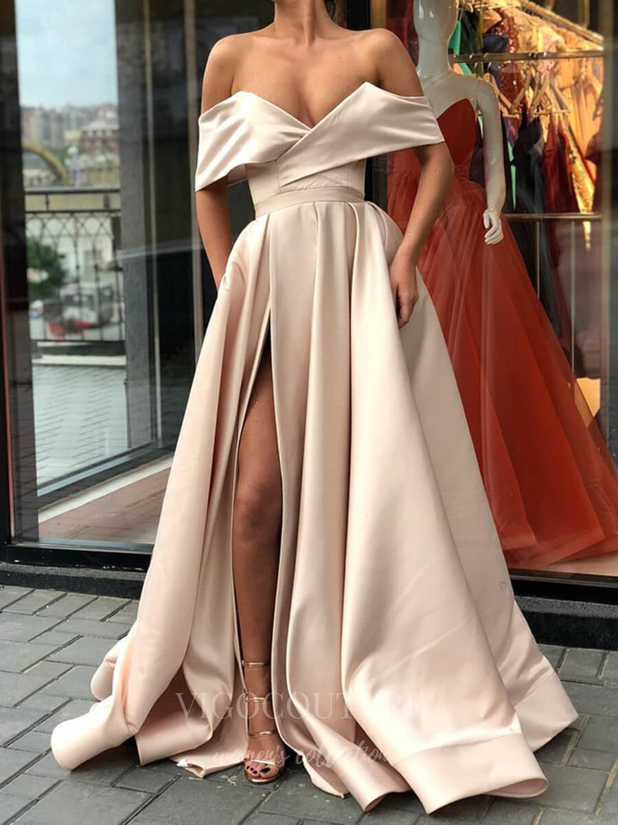 vigocouture-Satin Off the Shoulder A-Line Prom Dress 20621-Prom Dresses-vigocouture-Khaki-US2-