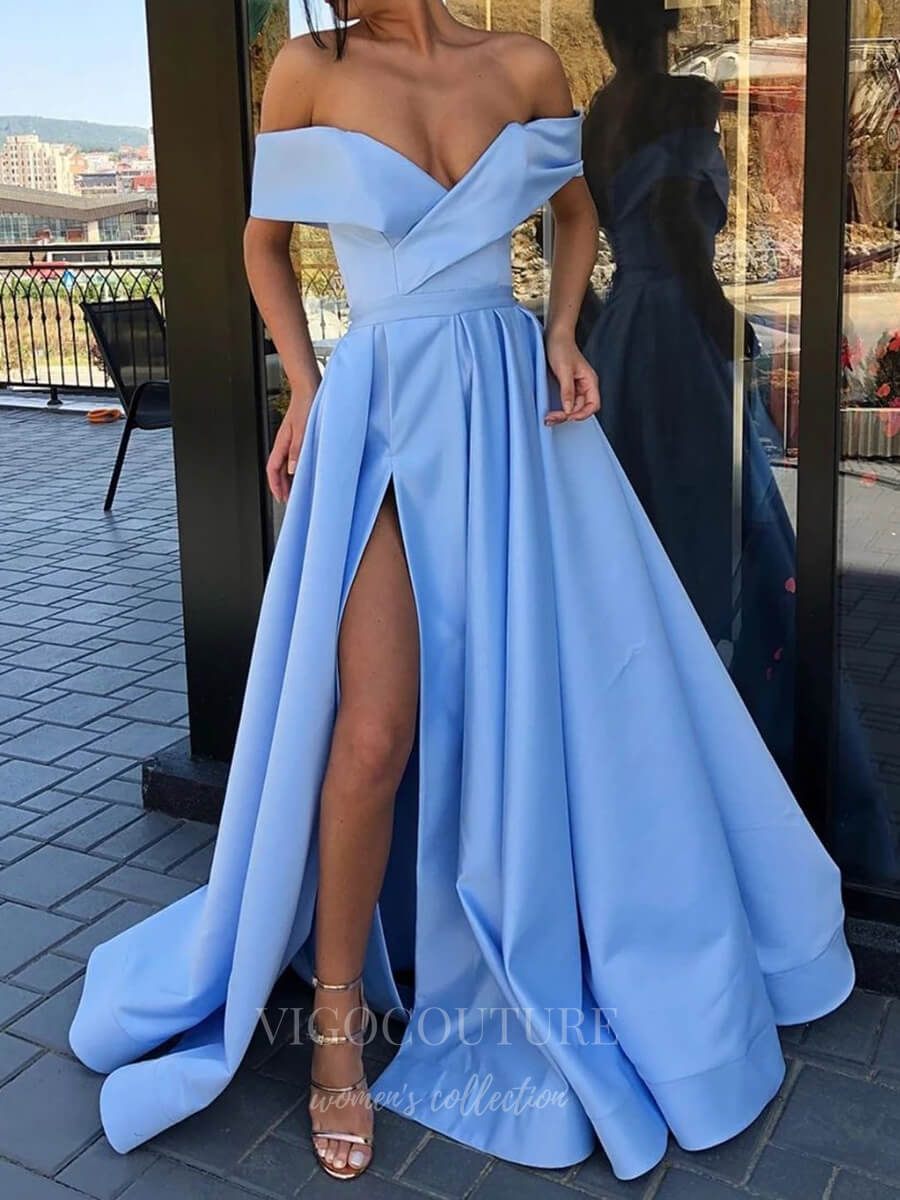 vigocouture-Satin Off the Shoulder A-Line Prom Dress 20621-Prom Dresses-vigocouture-Light Blue-US2-