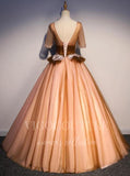 vigocouture-Orange Short Sleeve Quinceañera Dresses Lace Applique Ball Gown 20433-Prom Dresses-vigocouture-