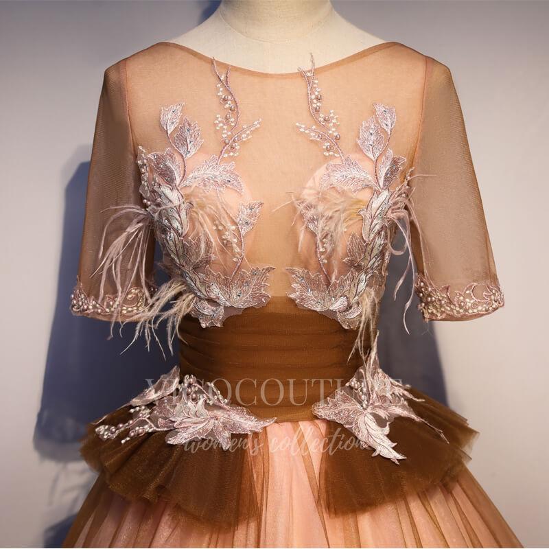 vigocouture-Orange Short Sleeve Quinceañera Dresses Lace Applique Ball Gown 20433-Prom Dresses-vigocouture-