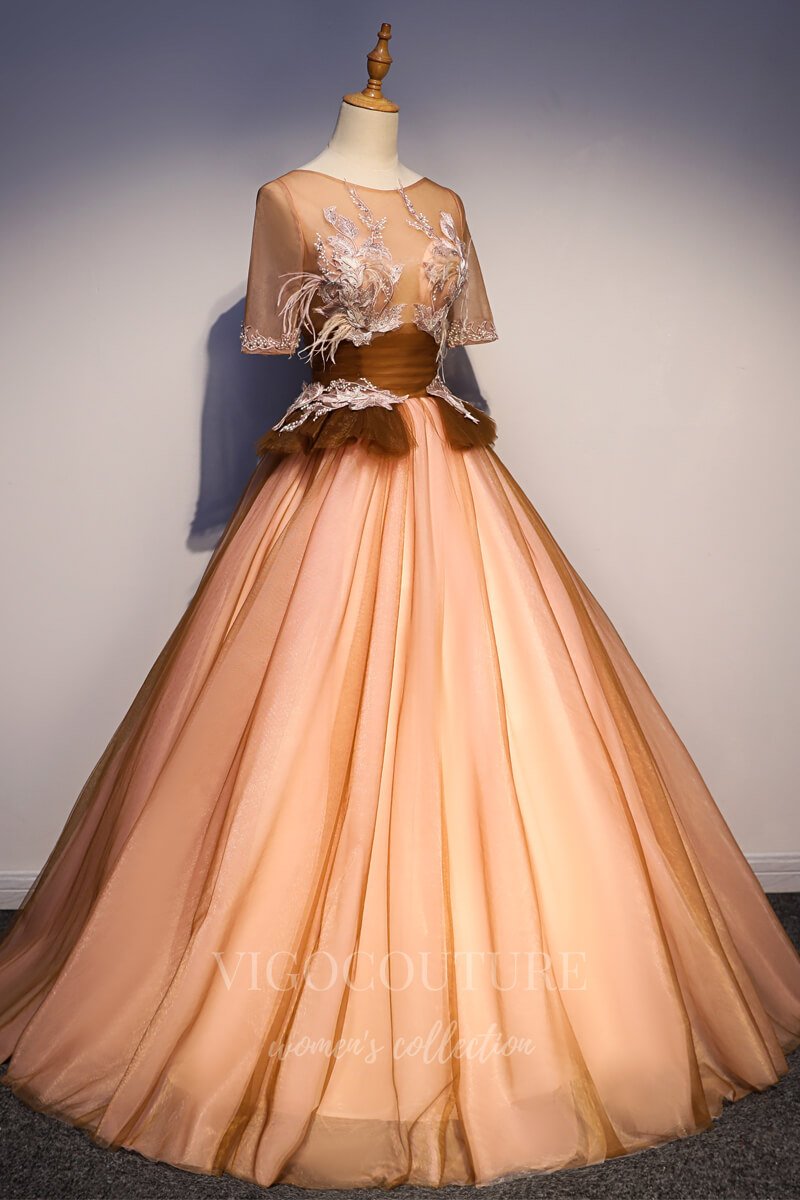 vigocouture-Orange Short Sleeve Quinceañera Dresses Lace Applique Ball Gown 20433-Prom Dresses-vigocouture-Orange-Custom Size-