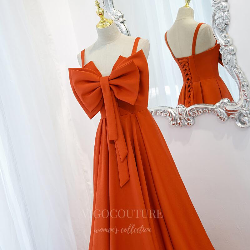 vigocouture-Orange Spaghetti Strap Prom Dress 2022 Bow Party Dress 20532-Prom Dresses-vigocouture-