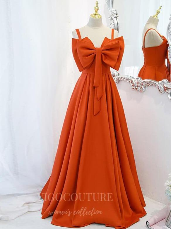 vigocouture-Orange Spaghetti Strap Prom Dress 2022 Bow Party Dress 20532-Prom Dresses-vigocouture-Orange-US2-