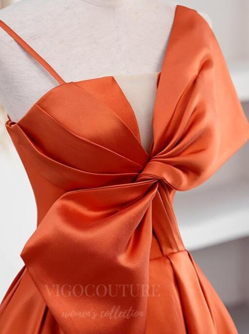 vigocouture-Orange Spaghetti Strap Satin With Bow Prom Dress 20642-Prom Dresses-vigocouture-