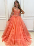 vigocouture-Peach Lace Applique Prom Dresses Spaghetti Strap Evening Dress 21734-Prom Dresses-vigocouture-Peach-US2-