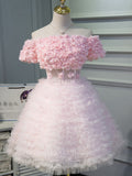 vigocouture-Pink 3D Flower Homecoming Dresses Off the Shoulder Dama Dresses hc089-Prom Dresses-vigocouture-