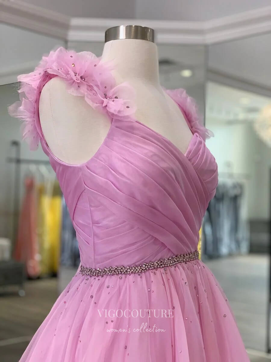 vigocouture-Pink 3D Flower Prom Dresses Pleated Tulle Evening Dress 21783-Prom Dresses-vigocouture-