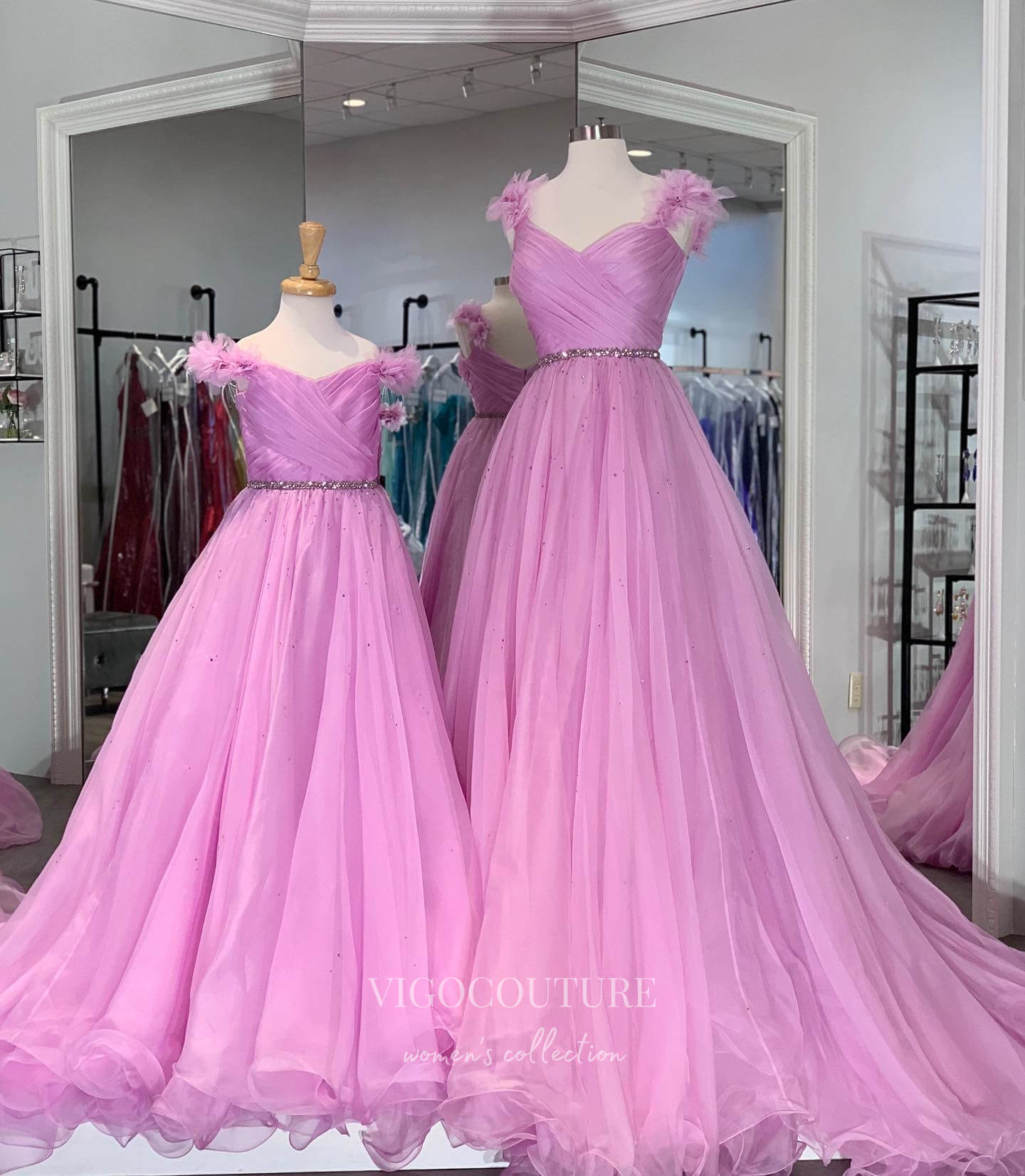 vigocouture-Pink 3D Flower Prom Dresses Pleated Tulle Evening Dress 21783-Prom Dresses-vigocouture-Pink-US2-