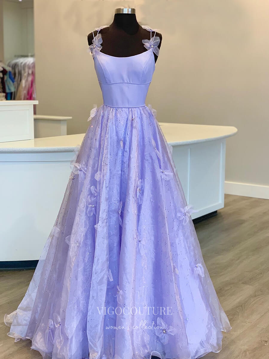 vigocouture-Pink 3D Flower Prom Dresses Spaghetti Strap Evening Dress 21678-Prom Dresses-vigocouture-Lavender-US0-