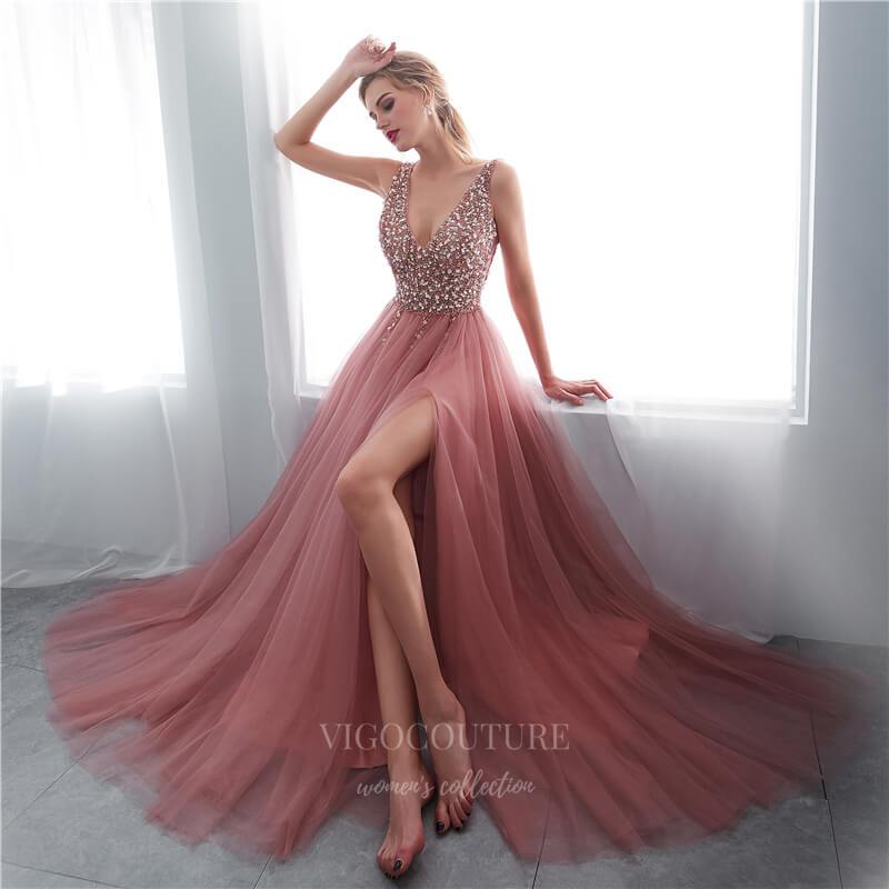 vigocouture-Pink Beaded A-Line Prom Dress 20298-Prom Dresses-vigocouture-